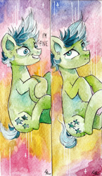 Size: 1024x1770 | Tagged: safe, artist:lailyren, artist:moonlight-ki, sandbar, earth pony, pony, bookmark, dialogue, falling, male, solo, traditional art