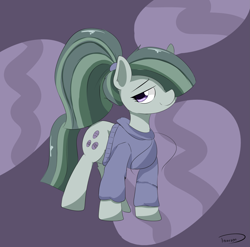 Size: 2391x2362 | Tagged: safe, artist:taurson, derpibooru import, marble pie, earth pony, pony, alternate hairstyle, clothes, female, hair over one eye, hoodie, looking at you, mare, ponytail, smiling, solo, sweat