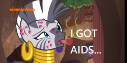 Size: 812x404 | Tagged: safe, derpibooru import, edit, edited screencap, screencap, zecora, a rockhoof and a hard place, abuse, aids, hiv, op is a cuck, std, zecorabuse