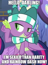 Size: 480x649 | Tagged: safe, derpibooru import, edit, edited screencap, screencap, spike, twilight sparkle, twilight sparkle (alicorn), alicorn, dragon, best gift ever, bedroom eyes, caption, clothes, darling, scarf, text, twilight's castle, winged spike