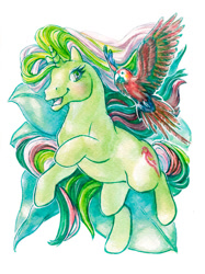 Size: 700x935 | Tagged: safe, artist:annapommes, derpibooru import, mimic (g1), bird, pony, twinkle eyed pony, unicorn, g1, mimicbetes, solo