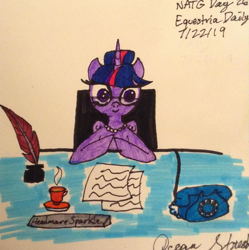 Size: 1193x1197 | Tagged: safe, artist:oceanstreak92, artist:travelingfanartist25, twilight sparkle, twilight sparkle (alicorn), alicorn, pony, atg 2019, desk, newbie artist training grounds, paper, quill, solo, telephone, traditional art