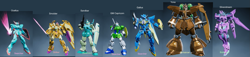 Size: 1803x414 | Tagged: safe, artist:derek the metagamer, derpibooru import, screencap, gallus, ocellus, sandbar, silverstream, smolder, yona, epyon, gm, gp01, gun, gundam, new gundam breaker, student six, sword, video game, weapon, wings