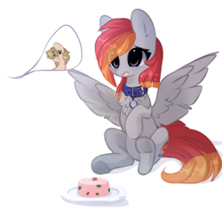 Size: 978x957 | Tagged: safe, artist:little-sketches, derpibooru import, oc, oc only, oc:arian blaze, oc:vital sparkle, pegasus, pony, chibi, collar, eye clipping through hair, female, food, mare, pudding, solo