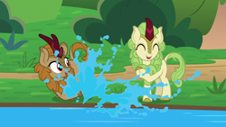 Size: 1280x720 | Tagged: safe, derpibooru import, screencap, fern flare, spring glow, kirin, sounds of silence, background kirin, cloven hooves, duo, eyes closed, female, splash, water