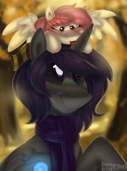 Size: 2000x2681 | Tagged: safe, artist:enderselyatdark, oc, oc only, oc:enderdan t'dark, oc:selya t'dark, alicorn, pegasus, pony, alicorn oc, autumn, black eye, clothes, cute, horn, pegasus oc, rcf community, red eyes, scarf