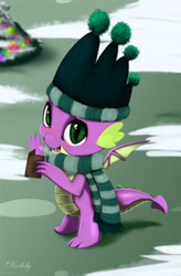 Size: 3360x5120 | Tagged: safe, artist:darksly, derpibooru import, spike, dragon, best gift ever, beanie, claws, clothes, hat, male, scarf, snow, solo, winged spike