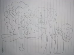 Size: 4010x2992 | Tagged: safe, artist:徐詩珮, oc, oc:betty pop, oc:cake pie, earth pony, pony, unicorn, my little pony: the movie, female, lineart, lined paper, magical lesbian spawn, mare, offspring, parent:cheese sandwich, parent:glitter drops, parent:pinkie pie, parent:tempest shadow, parents:cheesepie, parents:glittershadow, traditional art