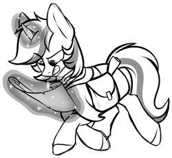 Size: 1024x944 | Tagged: safe, artist:kellythedrawinguni, derpibooru import, oc, oc:intrepid scholar, pony, unicorn, glowing horn, magic, monochrome, saddle bag, scroll, simple background, solo, telekinesis, transparent background