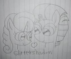 Size: 3457x2847 | Tagged: safe, artist:徐詩珮, glitter drops, tempest shadow, unicorn, my little pony: the movie, broken horn, female, glittershadow, horn, lesbian, lineart, lined paper, mare, shipping, traditional art