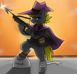 Size: 1312x1256 | Tagged: safe, artist:pencil bolt, derpibooru import, oc, oc only, oc:pencil bolt, pegasus, pony, clothes, costume, crossbow, halloween, halloween costume, holiday, male, stone, sunset, vampire hunter