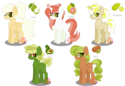 Size: 2952x2031 | Tagged: safe, artist:missmele-madness, derpibooru import, earth pony, pegasus, pony, unicorn, avocado, carambola, female, food, fruit, fruit pony, guava, kiwi fruit, mare, pomelo, ponified, simple background, transparent background