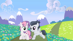 Size: 1599x899 | Tagged: safe, artist:jawsandgumballfan24, artist:lahirien, derpibooru import, rumble, sweetie belle, pegasus, pony, unicorn, colt, cute, diasweetes, female, filly, flower, foal, happy, horn, male, meadow, rumbelle, rumblebetes, shipping, sky, smiling, straight, wings