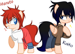 Size: 1280x921 | Tagged: safe, artist:xxmaikhanhflarexx, derpibooru import, oc, oc only, oc:haruto, oc:kaito, earth pony, pegasus, pony, clothes, male, raised hoof, simple background, smiling, stallion, transparent background