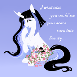 Size: 1024x1024 | Tagged: safe, artist:azure-art-wave, derpibooru import, oc, oc:supercut, pony, unicorn, female, flower, mare, scar, solo