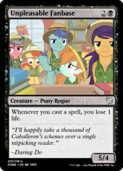 Size: 375x523 | Tagged: safe, edit, screencap, compass course, peach fuzz, shutterbug, earth pony, pegasus, pony, daring doubt, angry, background pony, book, bookshelf, ccg, clothes, colt, confused, disappointed, endeavour, fake wings, fandom, fans, female, filly, hat, magic the gathering, male, mare, pith helmet, sad, shirt, stallion, trading card, trading card edit, unamused, unnamed pony, upset