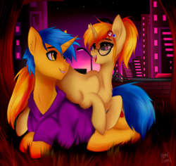 Size: 3179x3000 | Tagged: safe, artist:homecome, oc, oc:code sketch, oc:nenenyaa, pony, unicorn, city, clothes, commission, female, friendshipping, glasses, hairpin, high res, hoodie, just friends, looking at each other, male, mare, night, not shipping, stallion, ych result