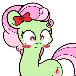 Size: 800x800 | Tagged: safe, artist:turtlefarminguy, derpibooru import, florina tart, earth pony, pony, apple family member, background pony, blush sticker, blushing, bow, cute, female, florinadorable, hair bow, mare, simple background, smiling, solo, transparent background