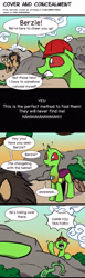 Size: 900x2927 | Tagged: safe, artist:doublewbrothers, artist:pony-berserker, derpibooru import, oc, oc:berzie, oc:doublewbrothers, changedling, changeling, bait and switch, changeling hive, comic, doppleganger, hard hat, hiding, nervous, pointing, ponysona