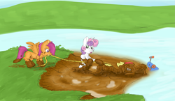 Size: 3829x2214 | Tagged: safe, artist:pzkratzer, derpibooru import, apple bloom, scootaloo, sweetie belle, earth pony, pegasus, pony, bog, clay, cute, cutealoo, cutie mark crusaders, diasweetes, faceplant, fail, female, filly, filthy, messy, mud, mud bath, muddy, open mouth, river, riverbank, rope, scooter, sketch, spread wings, squishy