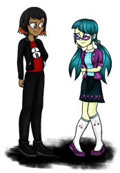 Size: 2371x3400 | Tagged: safe, artist:deannaphantom13, derpibooru import, juniper montage, oc, oc:omni, equestria girls, clothes, commission, cute, equestria girls-ified, female, glasses, looking at each other, male, pants, pigtails, shoes, simple background, skirt, smiling, socks, transparent background