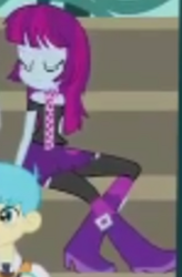 Size: 372x567 | Tagged: safe, screencap, bright idea, mystery mint, equestria girls, friendship games, background human, bleachers, boots, bracelet, clothes, cropped, eyes closed, high heel boots, jewelry, offscreen character, scarf, shoes, sitting, solo