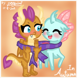 Size: 1038x1041 | Tagged: safe, artist:penguin?, ocellus, smolder, changedling, changeling, dragon, clothes, cute, diaocelles, dragoness, female, lesbian, scarf, shared clothing, shared scarf, shipping, smolcellus, smolderbetes, smoldere, tsundere