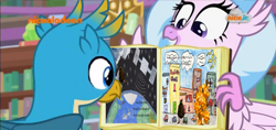 Size: 1569x738 | Tagged: safe, derpibooru import, edit, edited screencap, screencap, gallus, silverstream, what lies beneath, bob, book, smg4, the book of bob