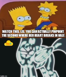 Size: 500x576 | Tagged: safe, derpibooru import, edit, edited screencap, screencap, twilight sparkle, twilight sparkle (alicorn), alicorn, human, father knows beast, bart simpson, bone, clothes, coach, crossover, dialogue, female, heart, heartbreak, i love lisa, lisa simpson, logo, mare, meme, nick jr., nickelodeon, parody, remote, text, the simpsons, x-ray, x-ray picture