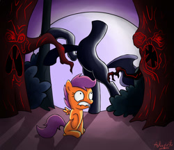 Size: 1024x886 | Tagged: safe, artist:artspirit00, derpibooru import, scootaloo, headless horse, pegasus, pony, sleepless in ponyville, female, filly, headless, moon, night, nightmare, scared, scary tree, tree, wings