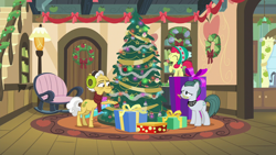 Size: 1280x720 | Tagged: safe, derpibooru import, screencap, apple bloom, cloudy quartz, grand pear, earth pony, pony, best gift ever, bookshelf, chair, christmas, christmas tree, christmas wreath, clothes, earmuffs, female, hearth's warming tree, holiday, male, mare, ornament, present, scarf, stallion, tree, wreath