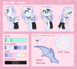 Size: 1628x1468 | Tagged: safe, artist:ashidaii, derpibooru import, oc, oc:spectral prism, bat pony, pony, choker, clothes, female, mare, reference sheet, socks, solo, striped socks