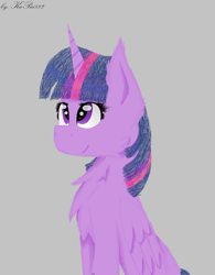 Size: 2008x2576 | Tagged: safe, artist:kapai882, twilight sparkle, twilight sparkle (alicorn), alicorn, pony, chest fluff, female, gray background, mare, sidemouth, simple background, sitting, smiling, solo