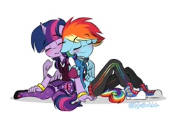 Size: 1200x800 | Tagged: safe, artist:tylerdashart, derpibooru import, rainbow dash, twilight sparkle, twilight sparkle (alicorn), alicorn, anthro, belly button, clothes, converse, female, flats, lesbian, midriff, shipping, shoes, short shirt, simple background, sleeping, twidash, white background, zettai ryouiki