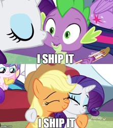 Size: 500x562 | Tagged: safe, derpibooru import, edit, edited screencap, screencap, applejack, princess flurry heart, rarity, spike, twilight sparkle, twilight sparkle (alicorn), alicorn, dragon, earth pony, pony, unicorn, best gift ever, bisexual, comic, cutie mark, female, guitar, lesbian, male, rarijack, screencap comic, shipping, sparity, straight, winged spike