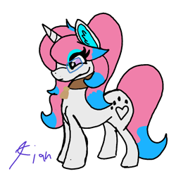 Size: 768x768 | Tagged: safe, artist:tian, oc, oc only, oc:razz, cat pony, hybrid, original species, unicorn, bell, bell collar, collar, female, glasses, mare, solo