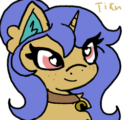 Size: 494x466 | Tagged: safe, artist:tian, oc, oc only, oc:comet dawn, cat pony, original species, unicorn, bell, bell collar, collar, female, heart eyes, mare, solo, transgender, wingding eyes