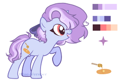 Size: 1820x1212 | Tagged: safe, artist:blue-versper, derpibooru import, oc, oc:honey pancakes, pony, unicorn, bow, female, hair bow, mare, offspring, parent:pinkie pie, parent:pokey pierce, parents:pokeypie, reference sheet, solo