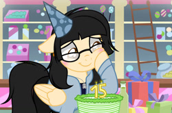 Size: 1280x846 | Tagged: safe, artist:xxmaikhanhflarexx, oc, oc:khanh, pegasus, pony, cake, clothes, female, food, glasses, hat, mare, party hat, solo