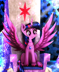 Size: 5200x6400 | Tagged: safe, artist:darksly, derpibooru import, twilight sparkle, twilight sparkle (alicorn), alicorn, pony, absurd resolution, blushing, bracelet, cute, ear fluff, female, fluffy, friendship throne, gem, horseshoes, jewelry, mare, necklace, open mouth, smiling, solo, spread wings, throne, twiabetes, wing fluff, wings