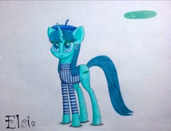 Size: 1152x885 | Tagged: safe, artist:dialysis2day, oc, oc:elsie, pony, unicorn, beret, clothes, female, hat, mare, shirt, solo, traditional art