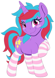 Size: 3499x4929 | Tagged: safe, artist:partylikeanartist, oc, oc only, oc:cosmic spark, pony, unicorn, absurd resolution, blushing, clothes, cute, looking at you, shy, simple background, socks, solo, striped socks, transparent background