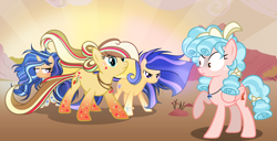 Size: 2444x1248 | Tagged: safe, artist:velveagicsentryyt, cozy glow, oc, oc:apple pie, oc:galaxy swirls, oc:velvet sentry, earth pony, pegasus, pony, unicorn, base used, cozy glow is not amused, female, mare, offspring, older, older cozy glow, parent:applejack, parent:caramel, parent:flash sentry, parent:twilight sparkle, parents:carajack, parents:flashlight, rainbow power, rainbow power-ified