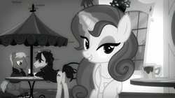 Size: 1440x808 | Tagged: safe, derpibooru import, screencap, earth pony, pony, unicorn, rarity investigates, background pony, bedroom eyes, cinnamon chai, clothes, female, grayscale, jacket, john watson, looking at you, magic, magic aura, male, mare, monochrome, noir, sherlock holmes, stallion, unnamed pony