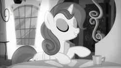 Size: 1440x809 | Tagged: safe, derpibooru import, screencap, pony, unicorn, rarity investigates, cinnamon chai, eyes closed, female, grayscale, mare, monochrome, noir, raised hoof, solo