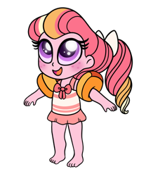 Size: 500x600 | Tagged: safe, artist:carouselunique, artist:honeycrisp-tales, derpibooru import, oc, oc only, oc:honeycrisp blossom, equestria girls, barefoot, clothes, feet, female, offspring, one-piece swimsuit, parent:big macintosh, parent:princess cadance, parents:cadmac, simple background, solo, swimsuit, transparent background, water wings