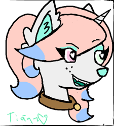 Size: 335x373 | Tagged: safe, artist:tian, oc, oc only, oc:razz, dog pony, hybrid, unicorn, collar, heart eyes, heterochromia, simple background, solo, white background, wingding eyes