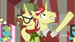 Size: 1920x1080 | Tagged: safe, derpibooru import, screencap, flam, flim, pony, unicorn, best gift ever, brothers, christmas sweater, clothes, disguise, duo, fake moustache, flim flam brothers, glasses, hat, holly the hearths warmer doll, hug, male, necktie, shirt, stallion, sweater, tent