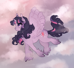 Size: 823x759 | Tagged: safe, artist:maykitz, twilight sparkle, twilight sparkle (alicorn), alicorn, pony, beautiful, chest fluff, cloud, ear fluff, female, flying, looking up, mare, no mouth, solo, sparkles, spread wings, starry eyes, unshorn fetlocks, wingding eyes, wings