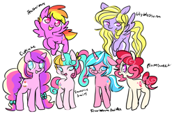 Size: 1220x800 | Tagged: safe, artist:fundaes, cupcake (g4), feathermay, lily blossom, plumsweet, starbeam twinkle, sweetie swirl, earth pony, pegasus, pony, unicorn, alternate mane six, cutie mark, female, flying, looking at you, mare, simple background, smiling, white background